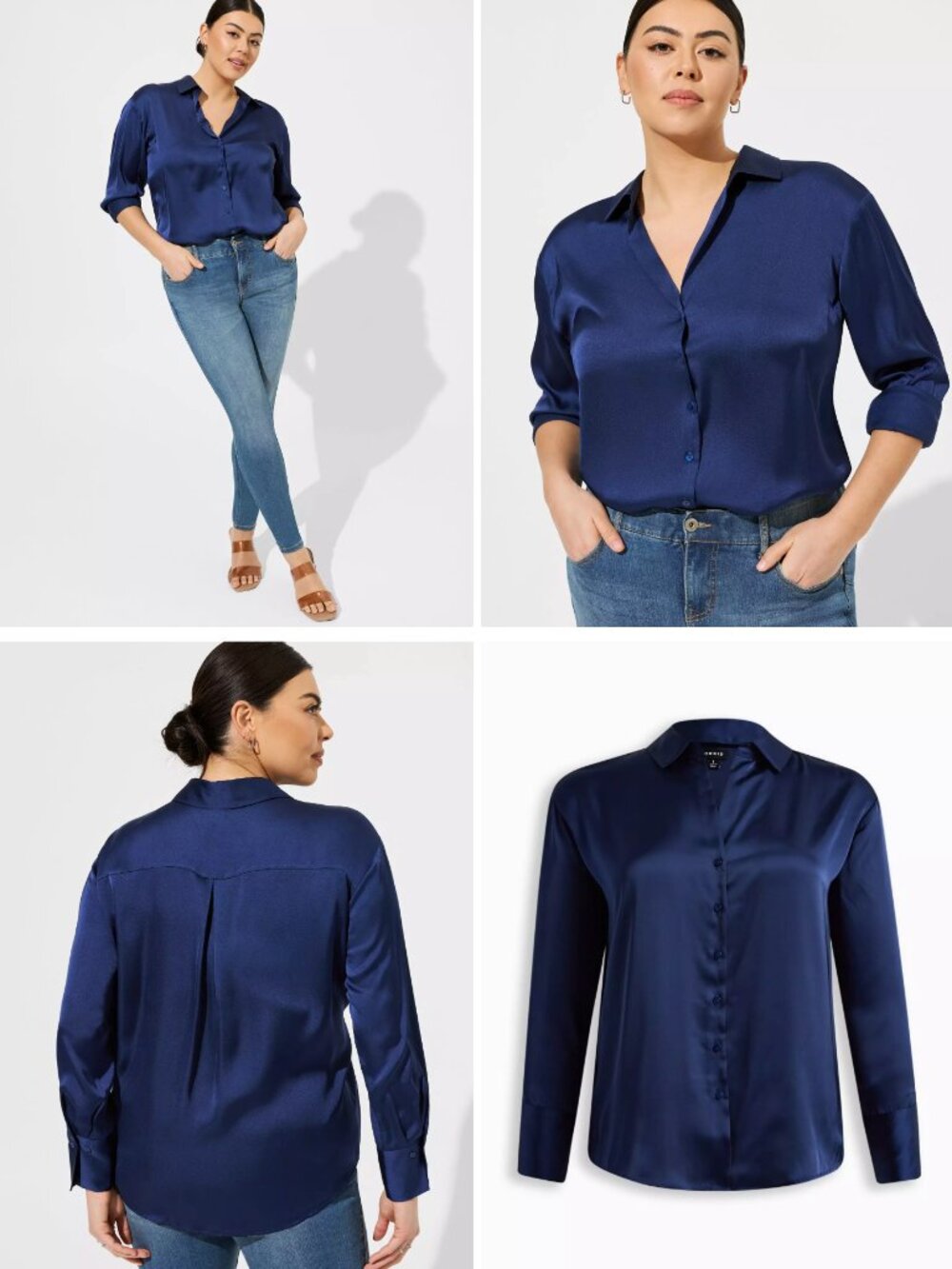 Torrid Blue Satin Blouse Size 3 Button Front Long Sleeve Silky Luxury Chic Shirt